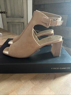 Vince Camuto Nude Tan Suede Open-Toe Block Heel Sandals